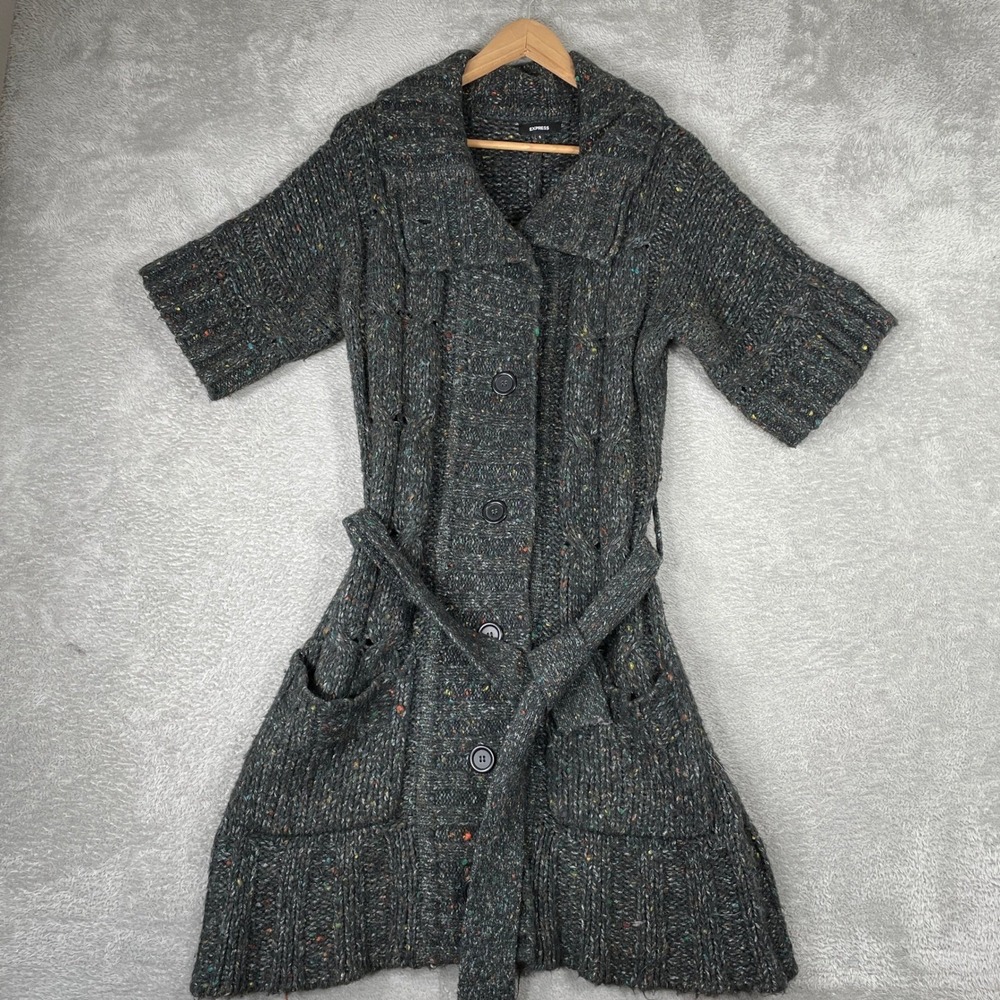 Express Cardigan Sweater‎ Women Small Gray Mohair Knit Belted Long Coat Boho